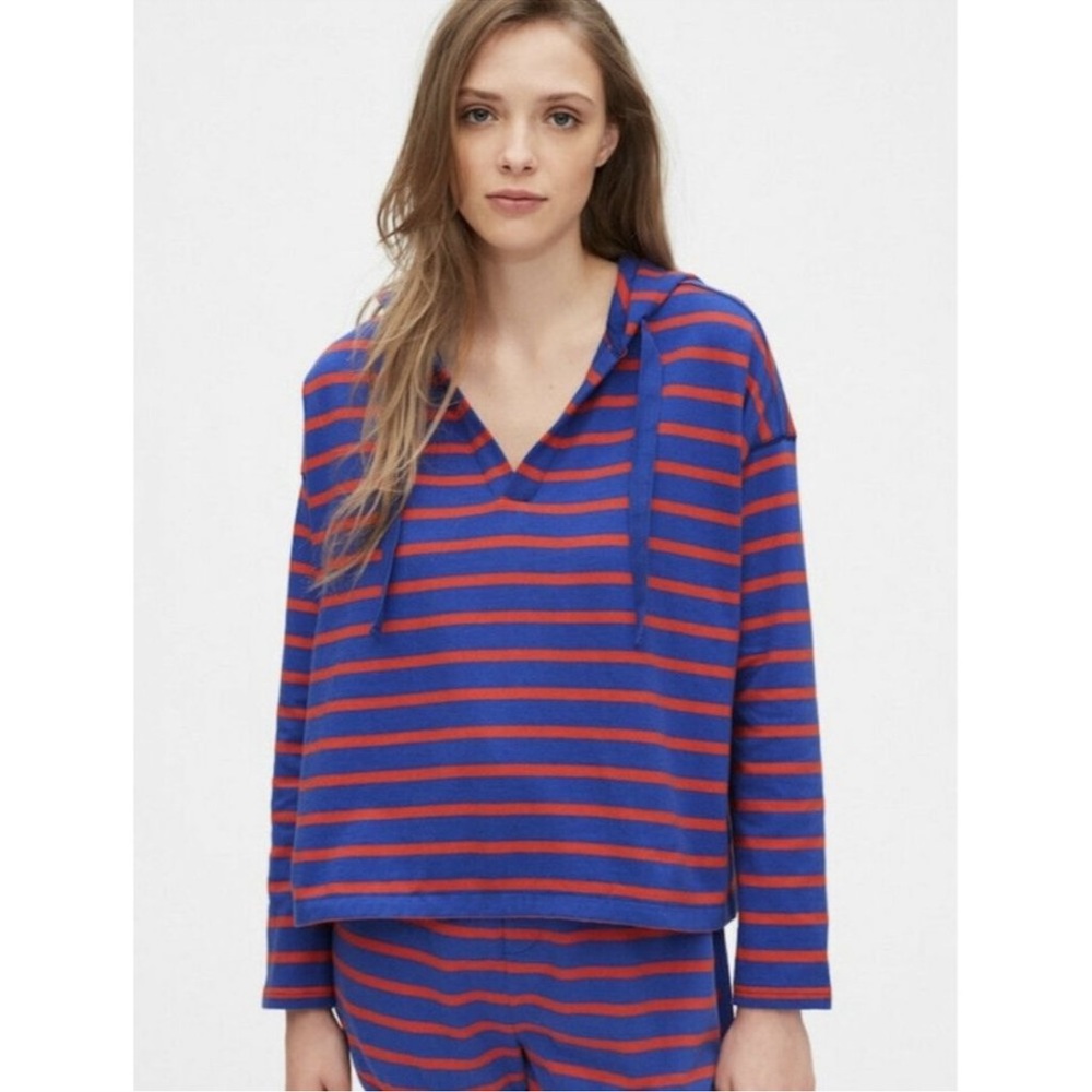 Blue and Red Striped Hoodie and Shorts Set. Medium tall.